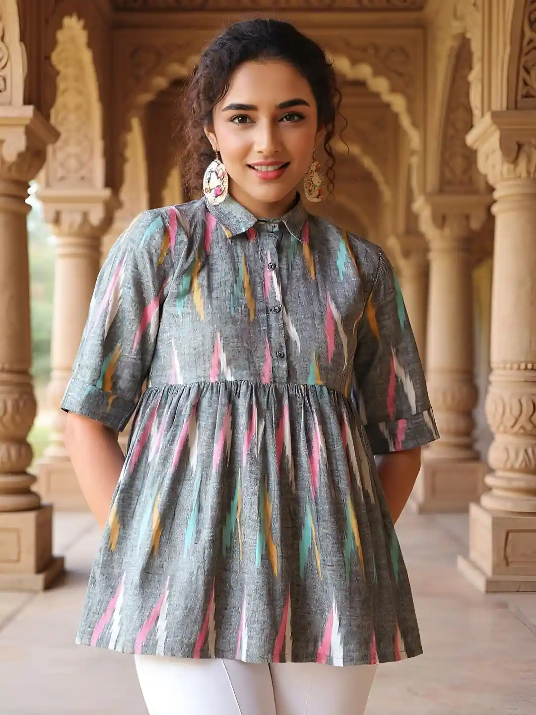 SZN Women Abstract Printed Shirt Collar Cotton Tunic