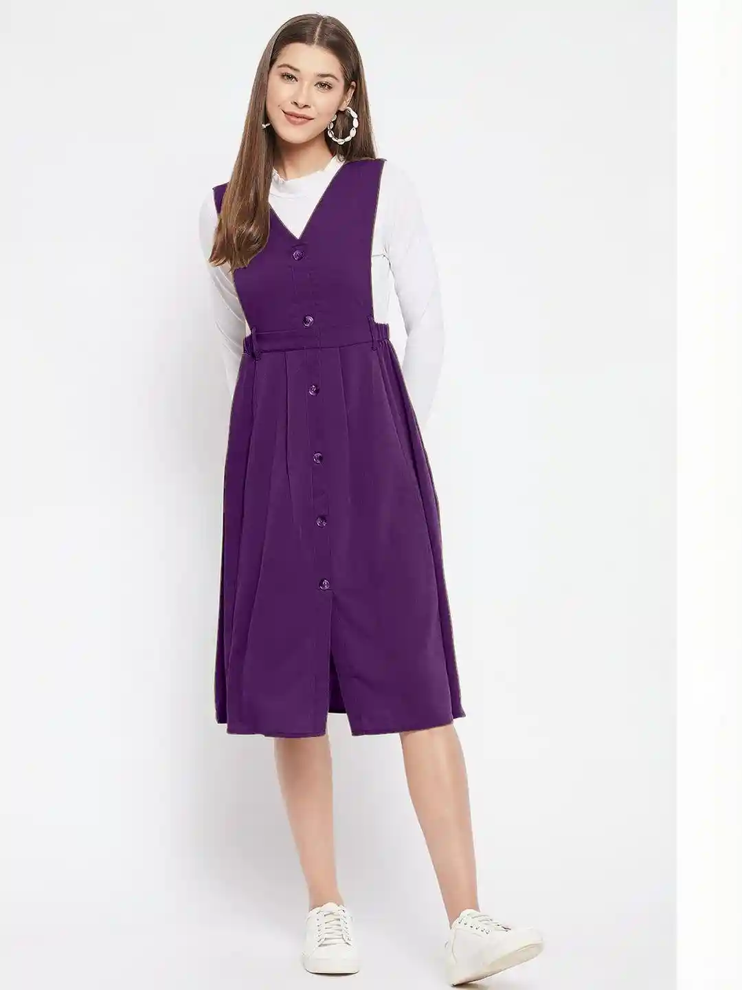 WineRed V-Neck Pinafore Midi Dress
