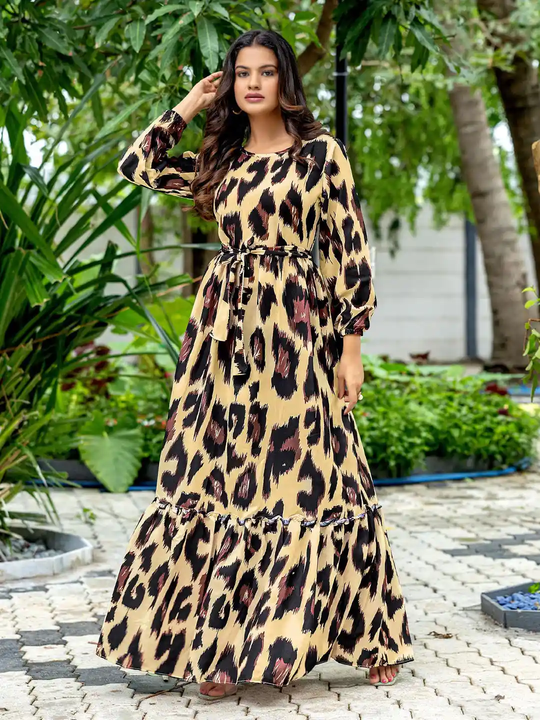 Buy SARINKU Women Animal Printed Belted Nida Gown Maxi Dress