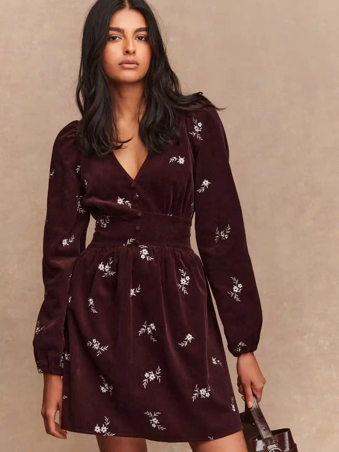 NEXT Pure Cotton Floral Embroidered Gathers Puff Sleeve A-Line Corduroy  Mini Dress