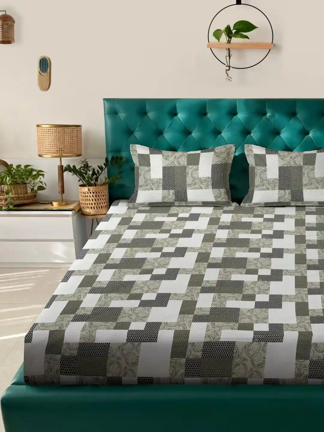 Buy KLOTTHE Olive Green & Grey Geometric 400 TC King Cotton