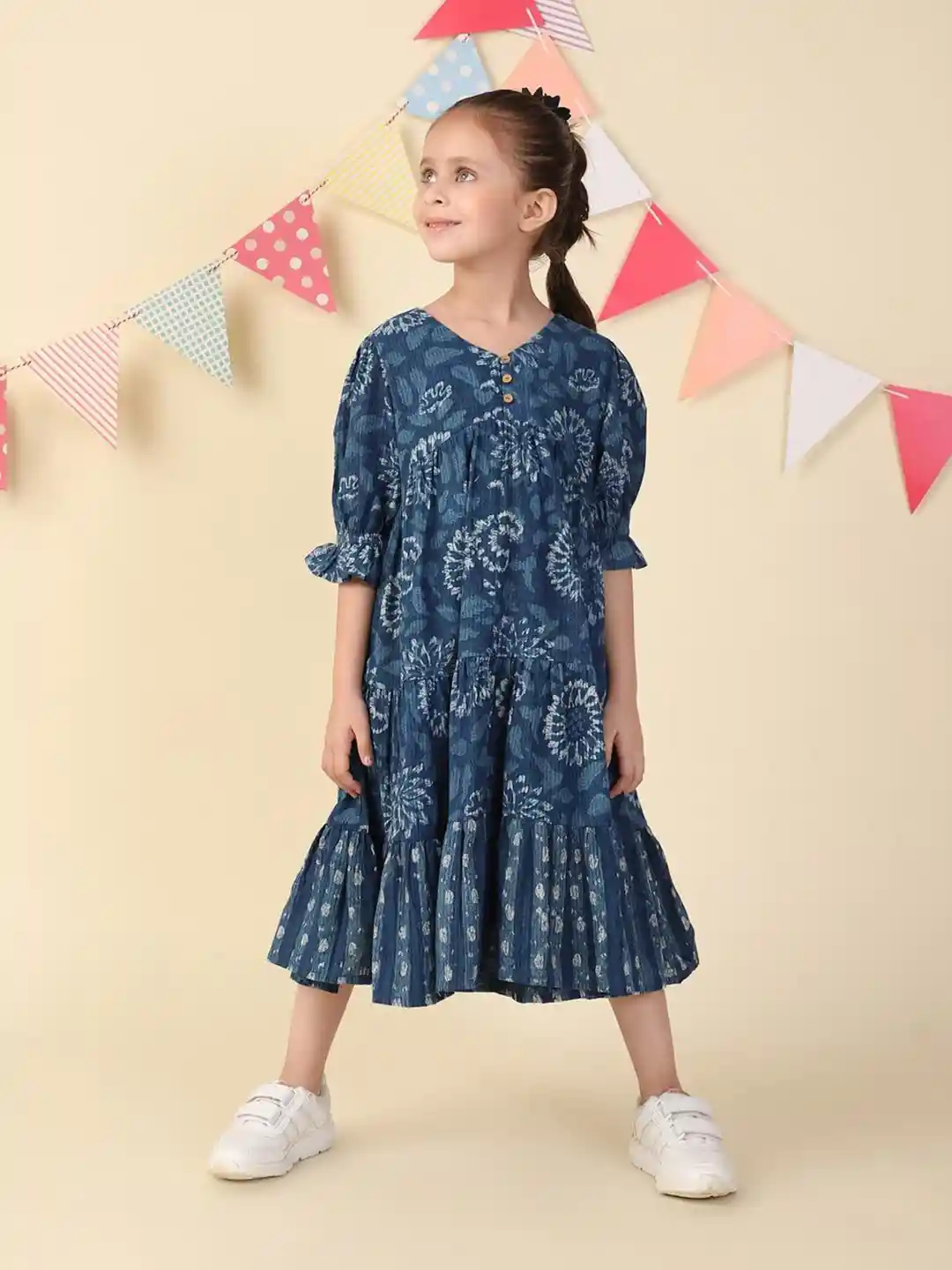 Buy Fabindia Girls Indigo Cotton Dabu Printed A-Line Midi Dress