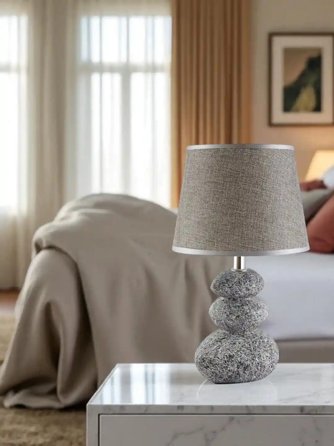 Dark Gray Table Lamp With Luxurious Modern Design With Jute Textured  Lampshade Pebble Shaped Ceramic Base