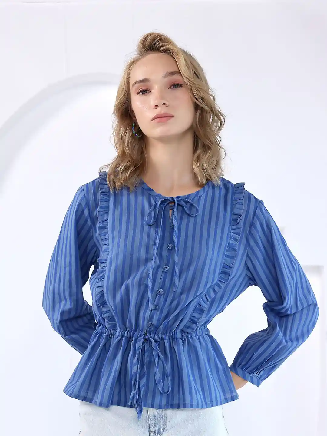 Zenava by Myntra Women Striped Indigo Frill Cotton Top