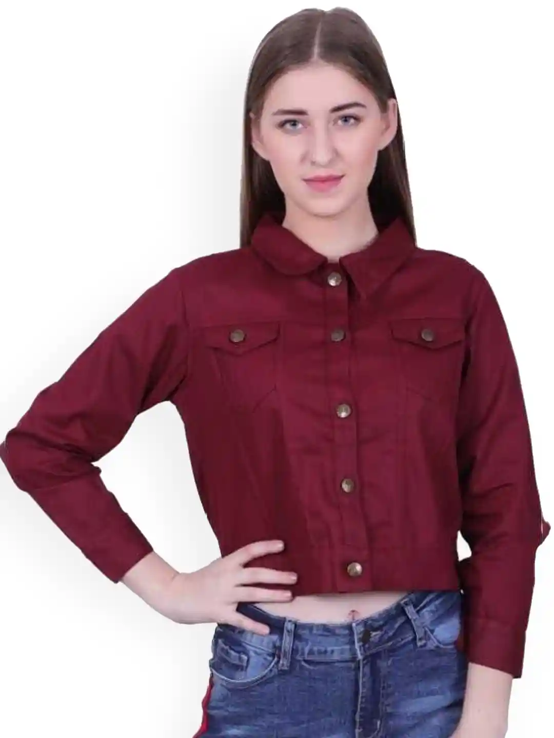 Buy KASHIAN Women Spread Collar Solid Casual Denim Jacket