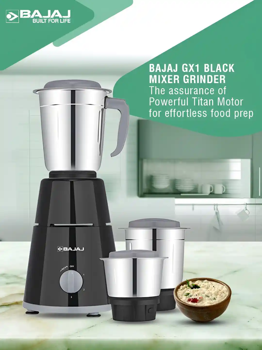 Bajaj GX-1 Black Plastic In Function Blade Jars Wet and Dry  Grinder-500W