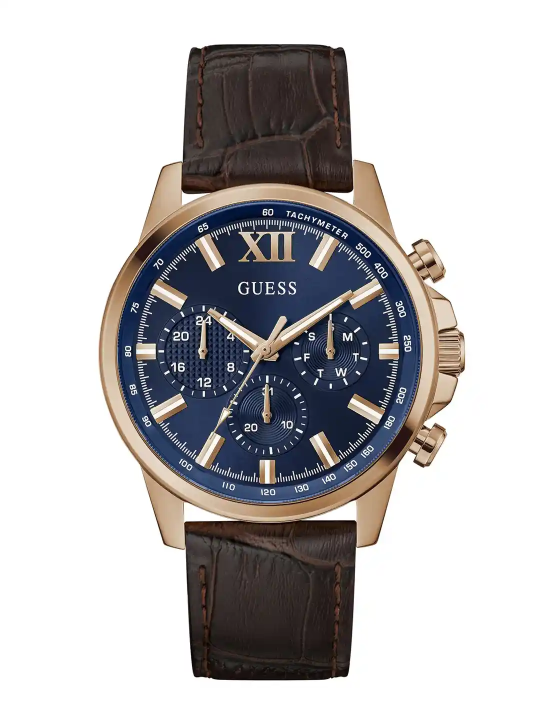 Stainless Steel Guess Watches Brown Leather Strap GUESS Men Round