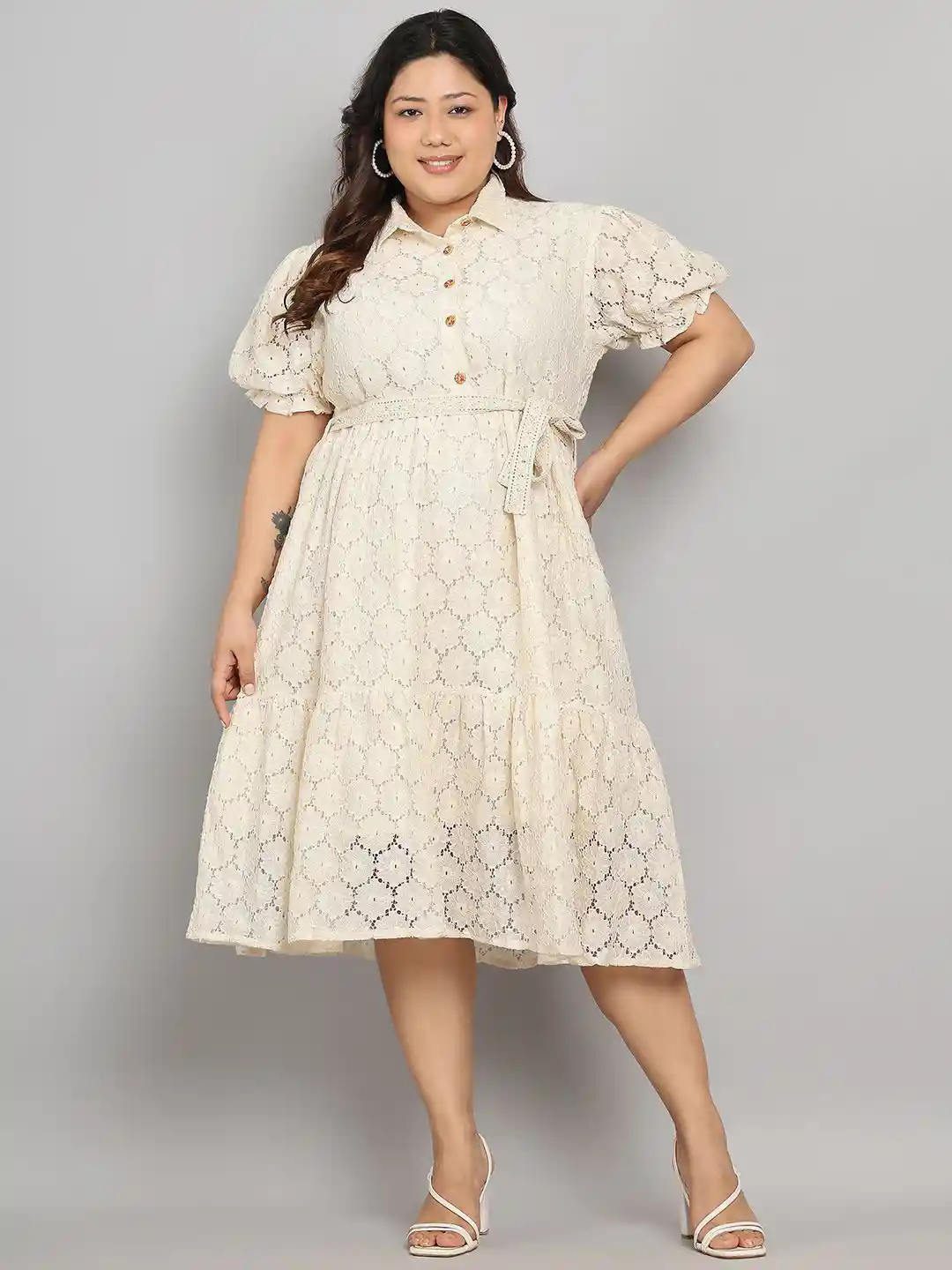 Tulsattva Women Plus Size Puff Sleeve Midi Dress