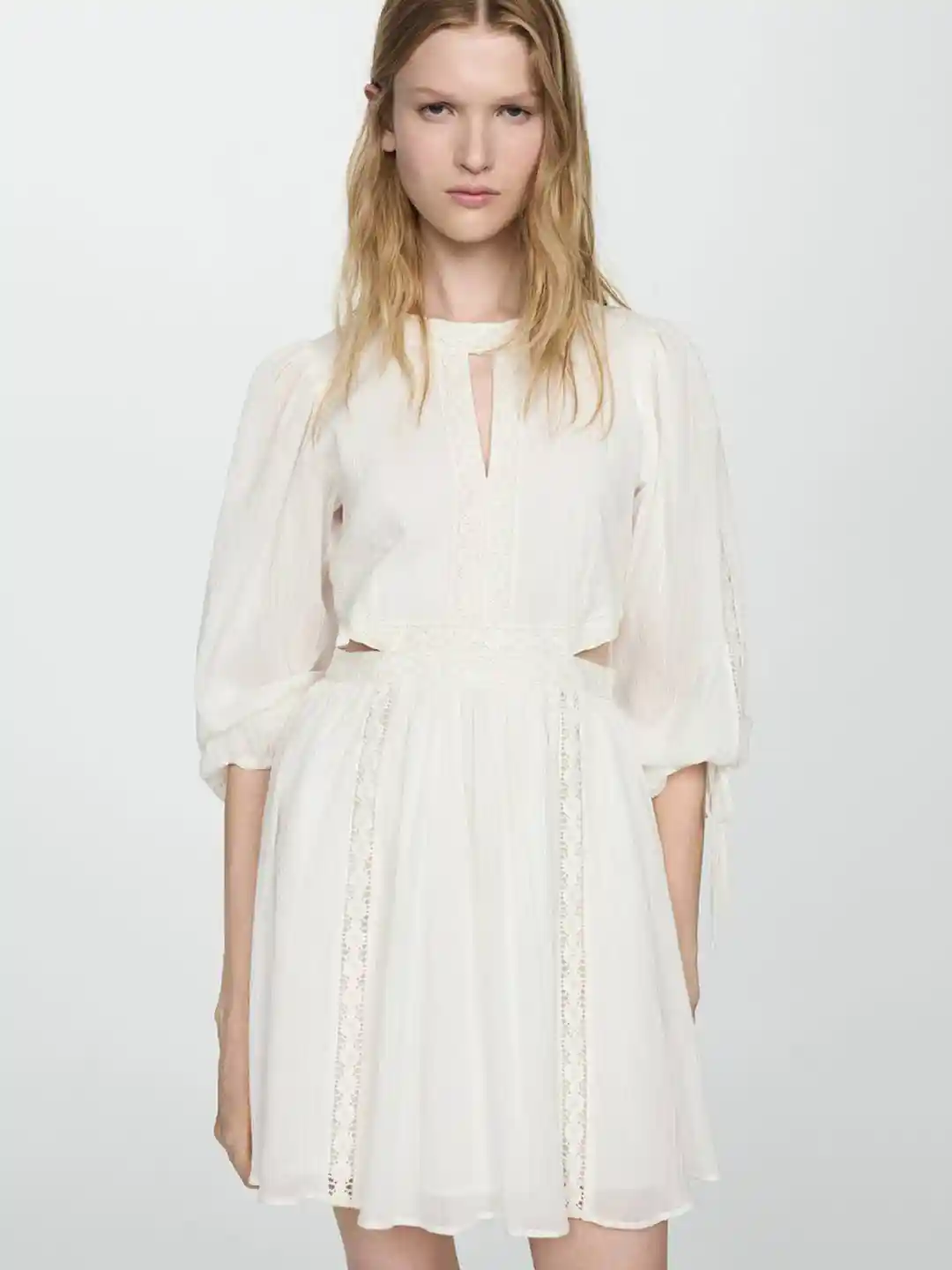 Buy MANGO Cotton Puff Sleeves Lace Inserted A-Line Mini Dress