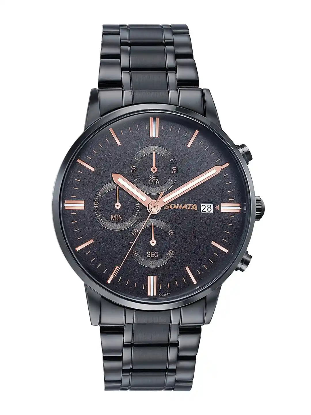 Sonata Men Black Round Dial Stainless Steel Straps Analogue Watch  77145NM01