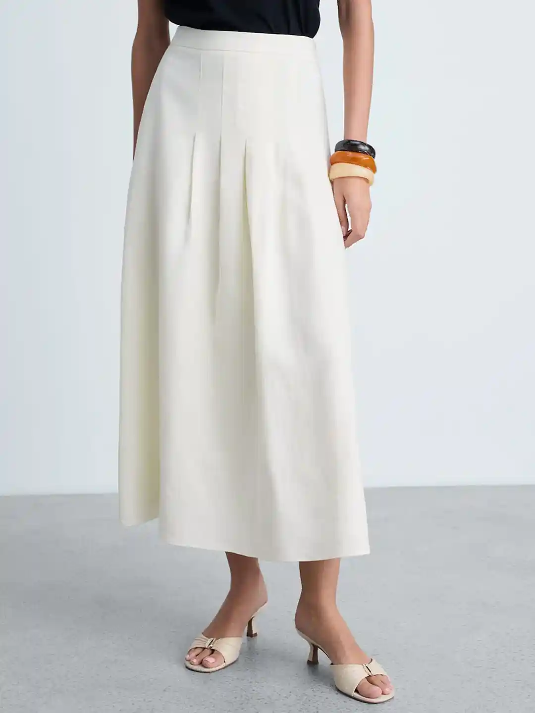 MANGO Flowy Pleated A-Line Midi Pure Linen Skirt