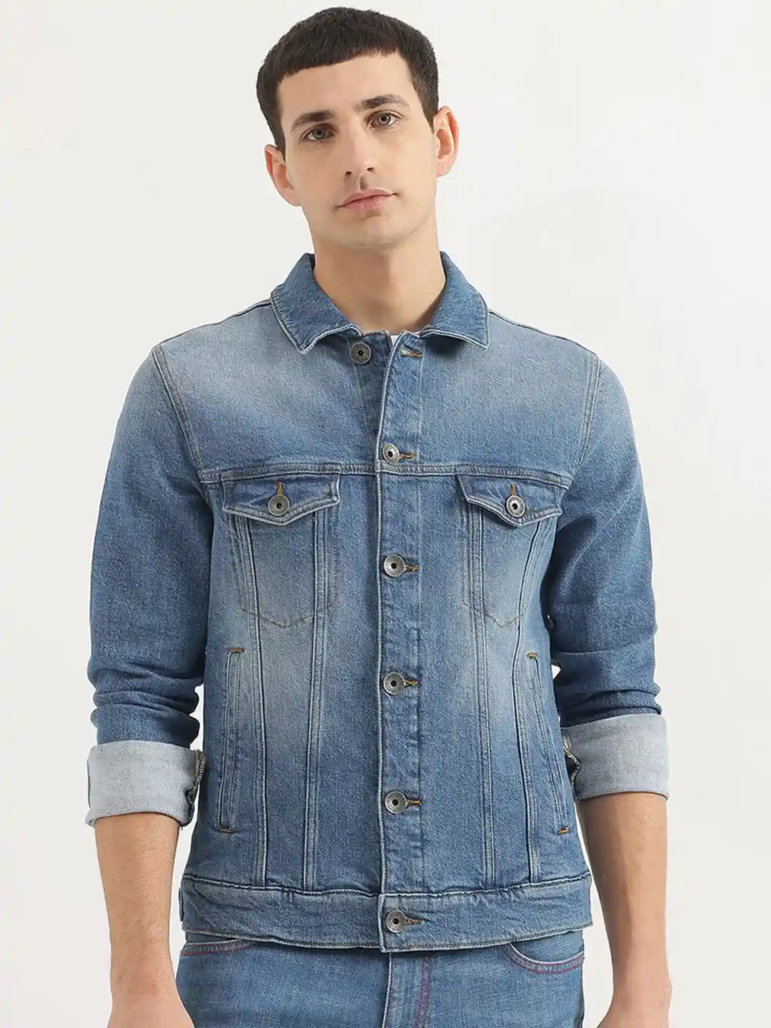 United Colors of Benetton Men Washed Denim Jacket with Embroidered