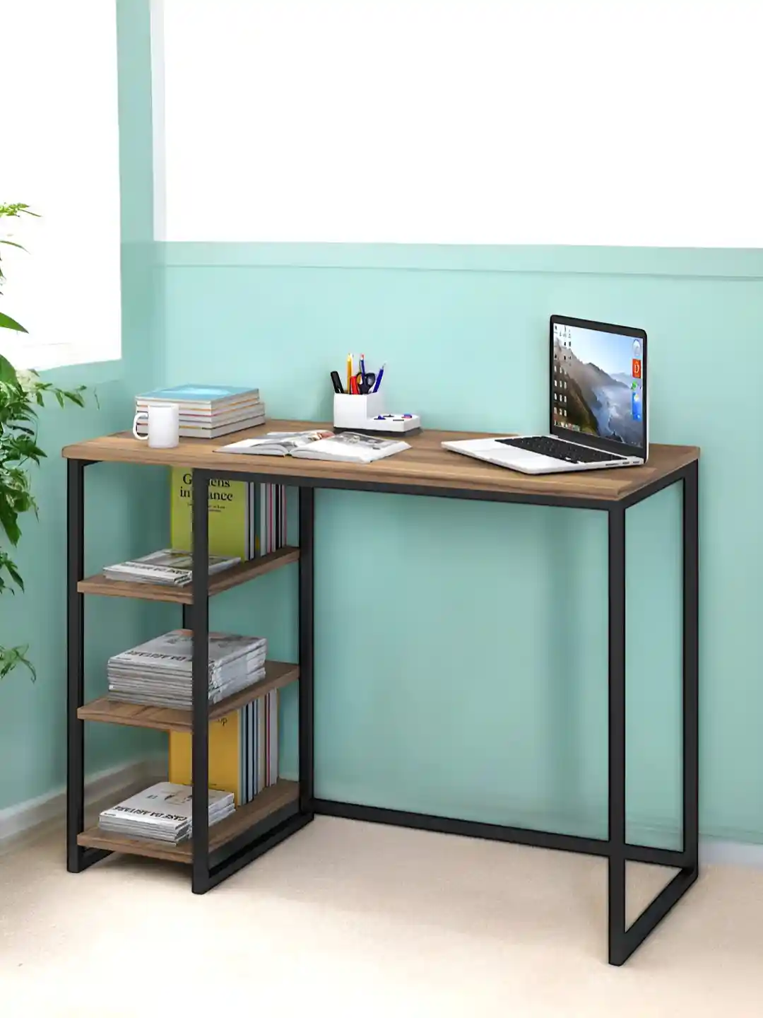 Ikiriya Sheesham Wood With Metal Frame Study Computer Table (Teak Finish)