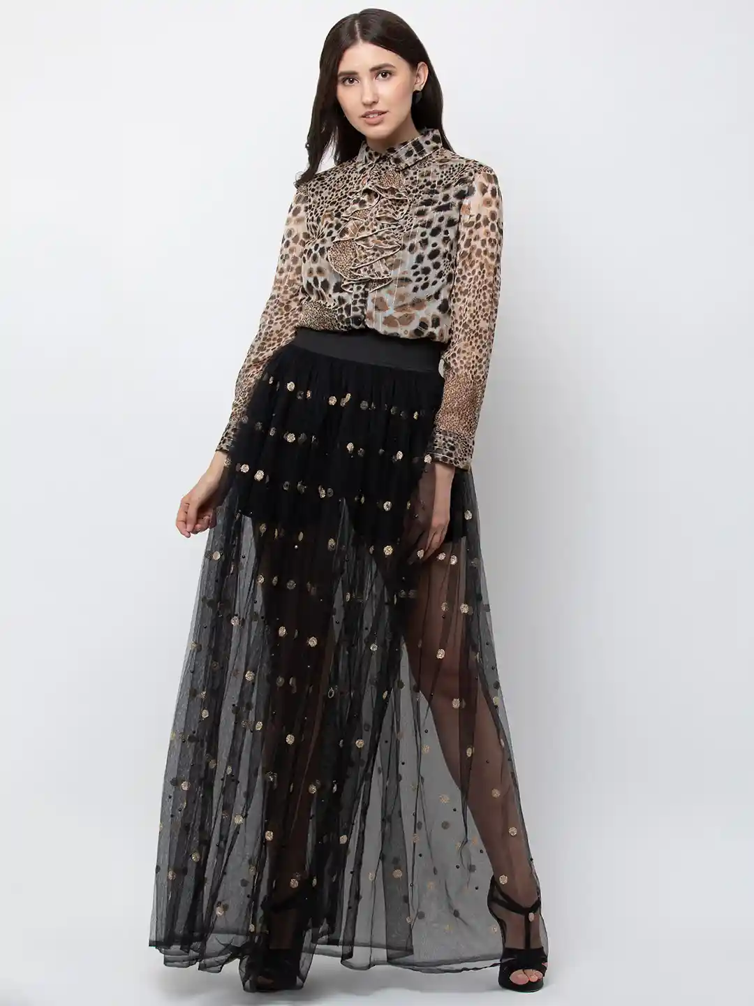 MISS HAUTE Embellished Sequinned Flared Maxi Skirt