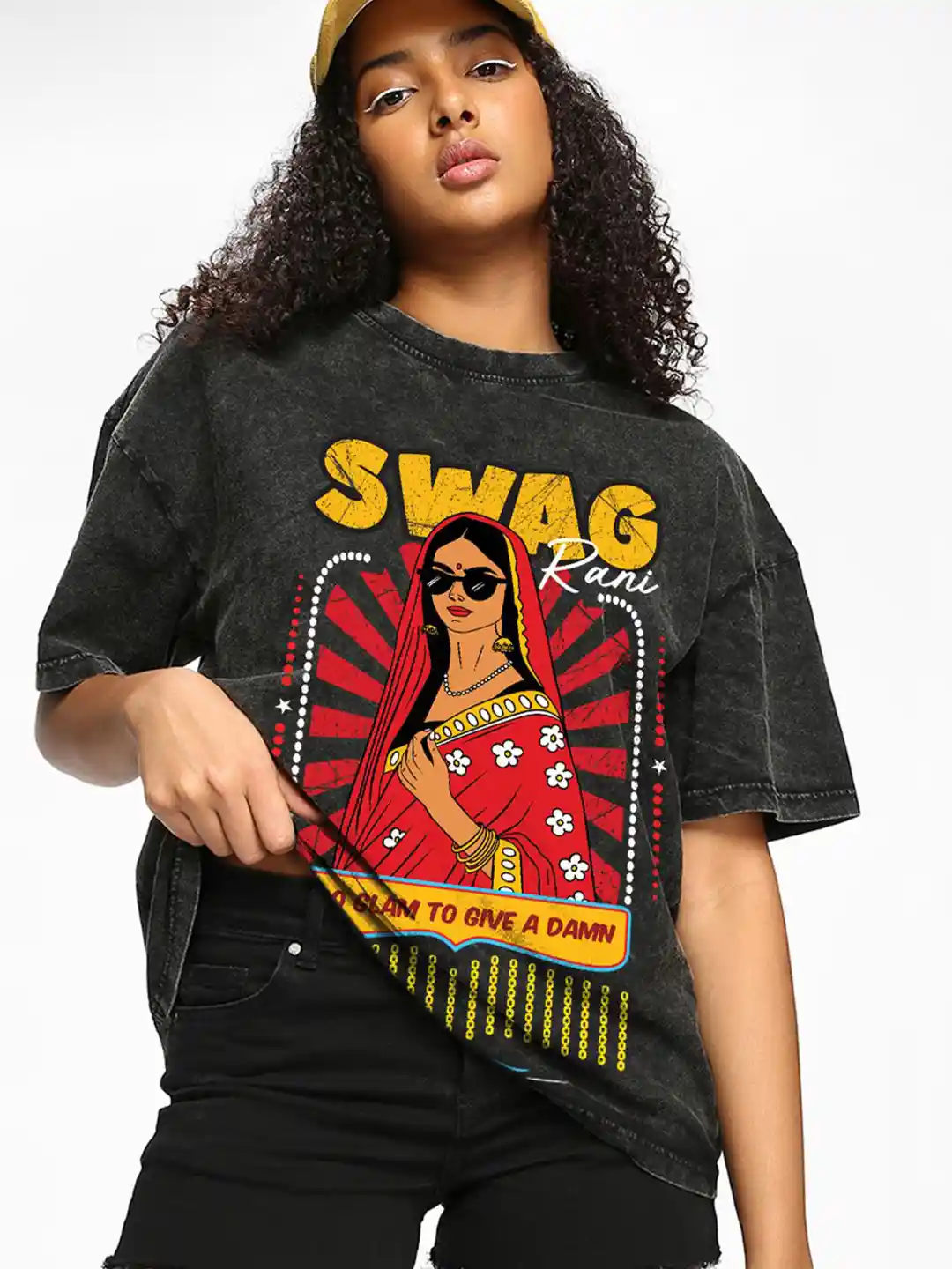 Bewakoof Women Black Swag Rani Graphic Printed Oversized Acid Wash T-shirt