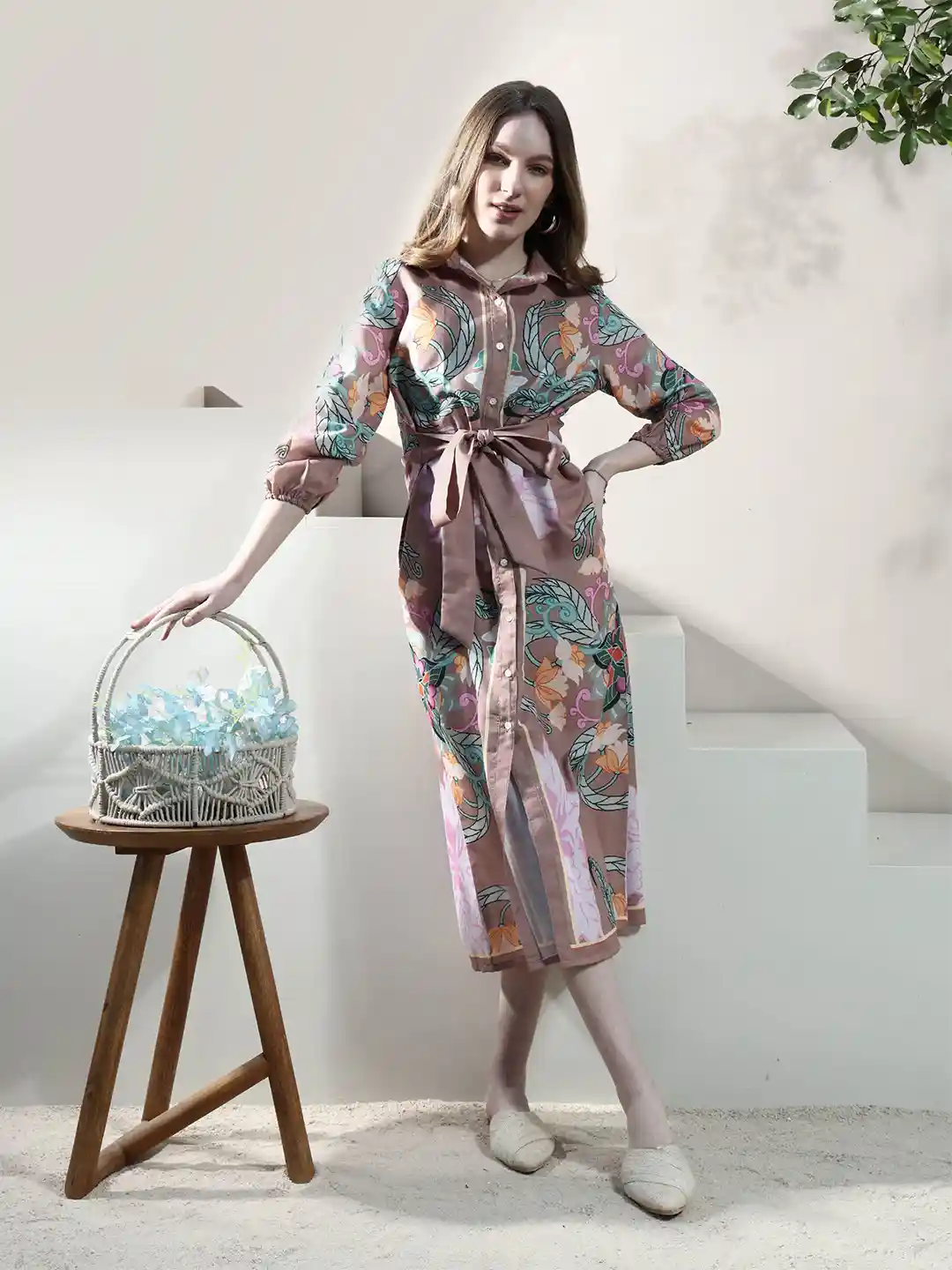 Boho By Athena Floral Print Linen Shirt Midi Dress