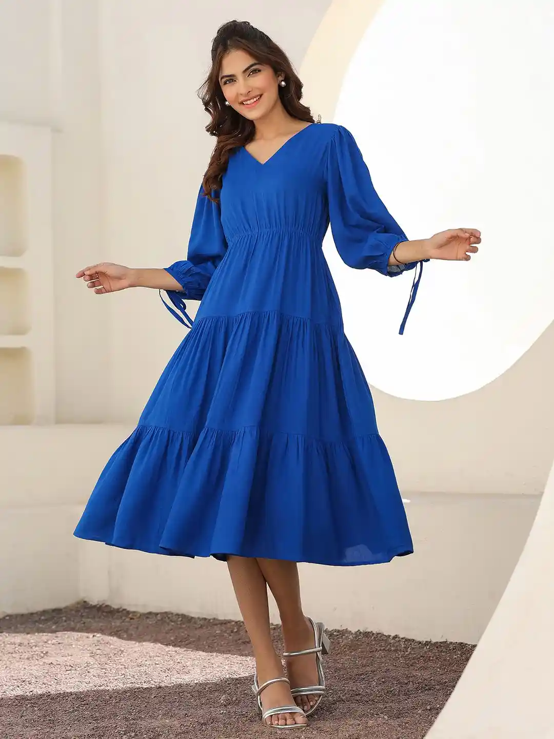 Buy Janasya Women's Royal Blue Rayon Solid Tiered Dress Dresses