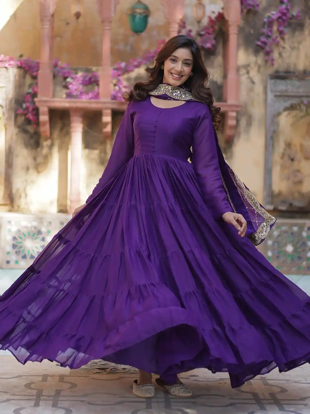 Buy JATRIQQ Women Tiered Georgette Frill Ethnic Gown with