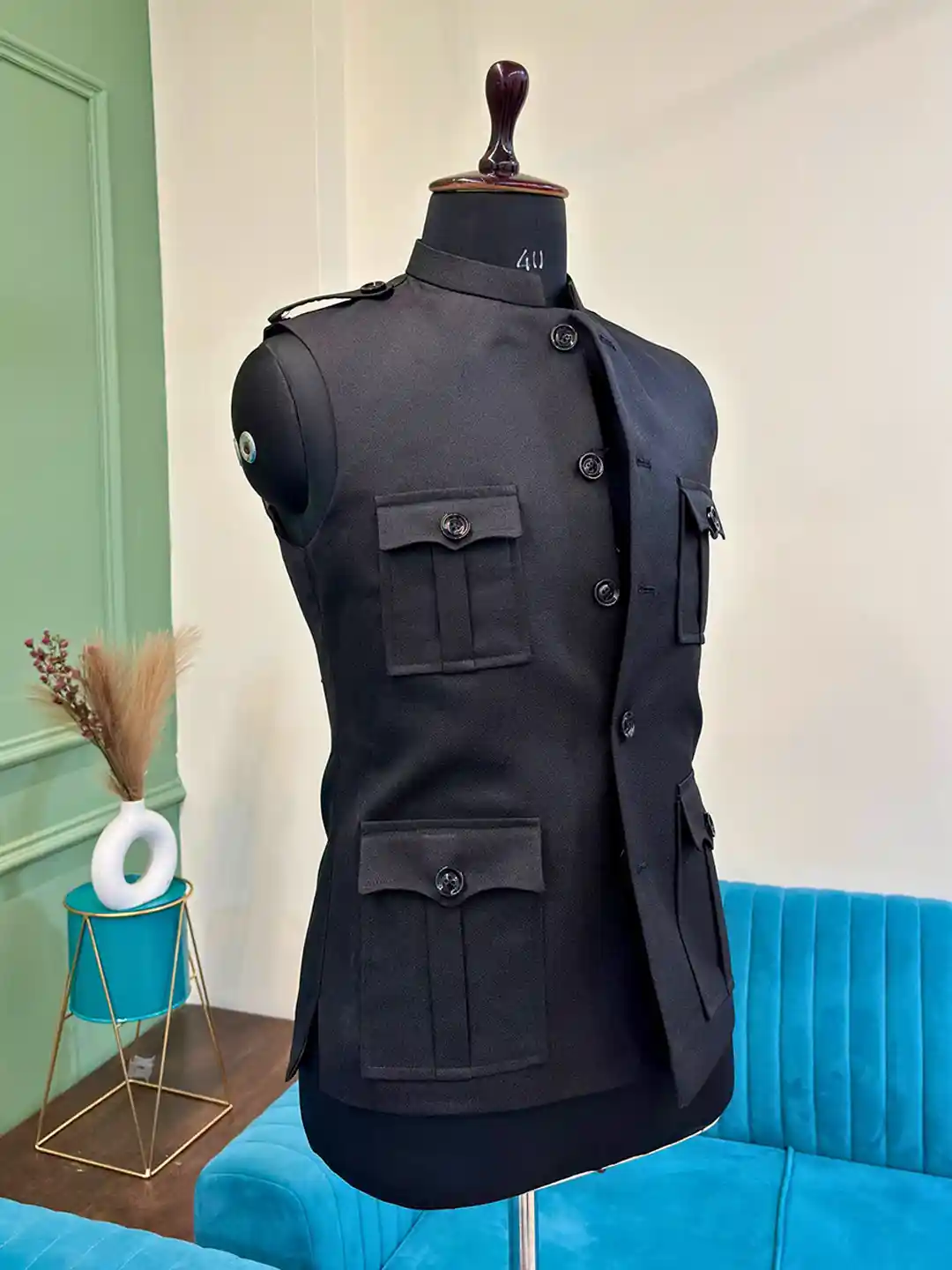 Nehru Jacket Sleeveless Hunting Jackets Men's Olive Green