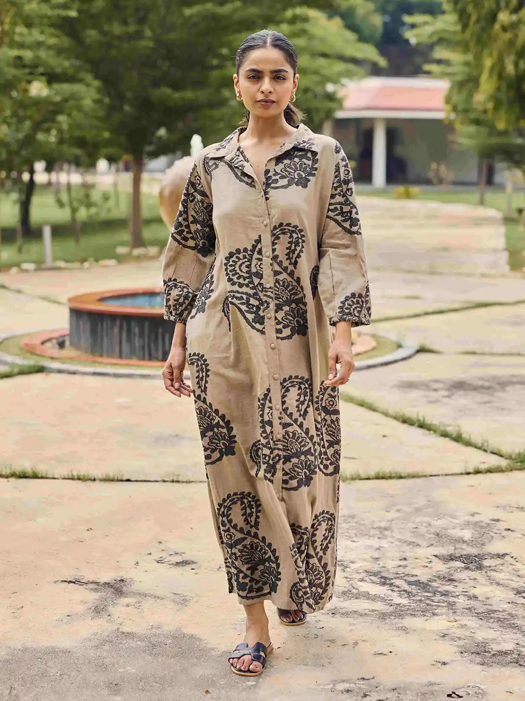 Sencei Women Printed Shirt Collared Maxi Dress