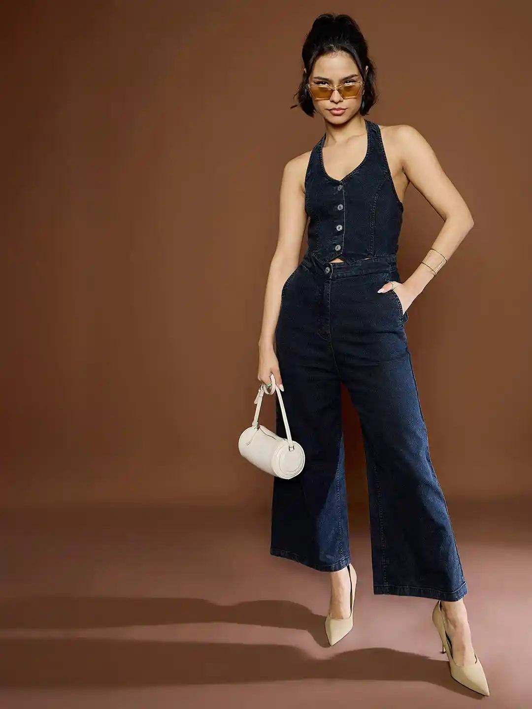 Buy SASSAFRAS Women Cotton Halter Neck Basic Denim Jumpsuit