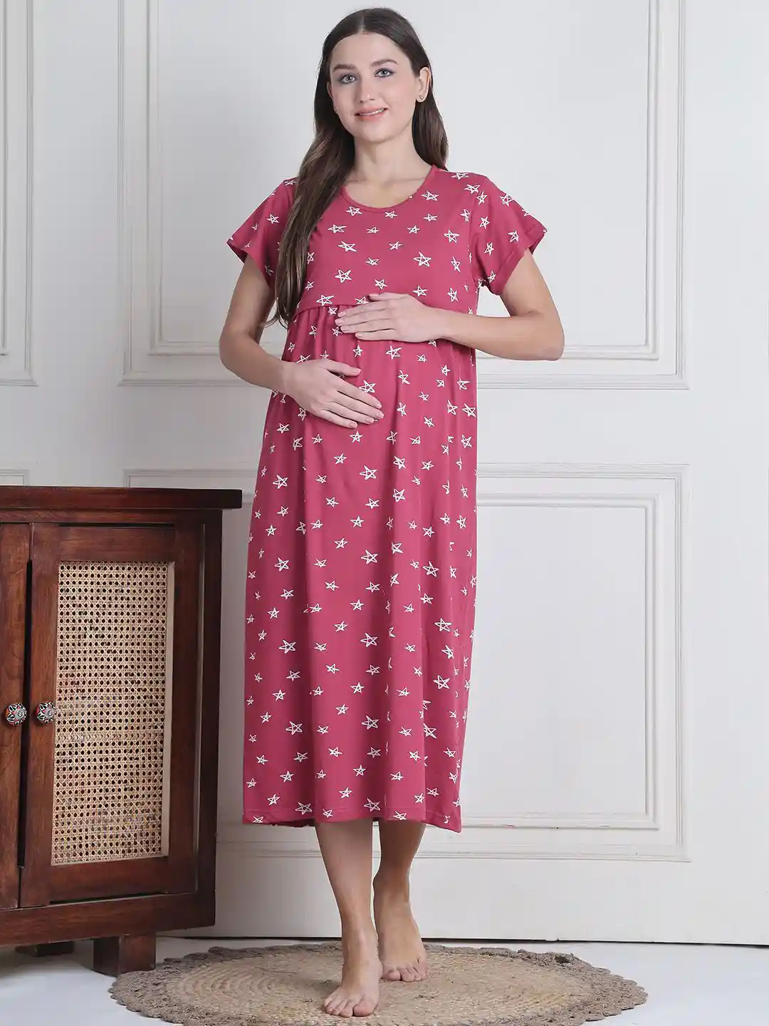 Secret Wish Women Star Printed Pure Cotton Maternity Nighty