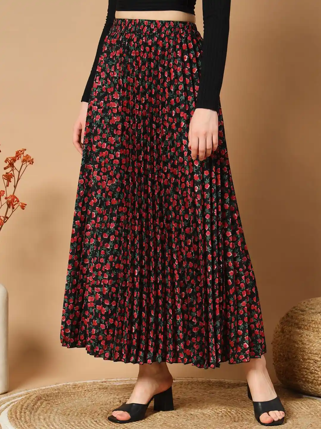 ZWERLON Women Floral Printed Pleated A-Line Maxi Skirt