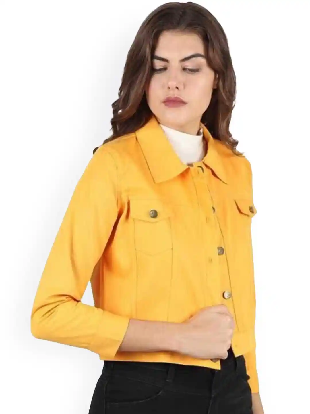 KASHIAN Women Spread Collar Solid Casual Denim Jacket