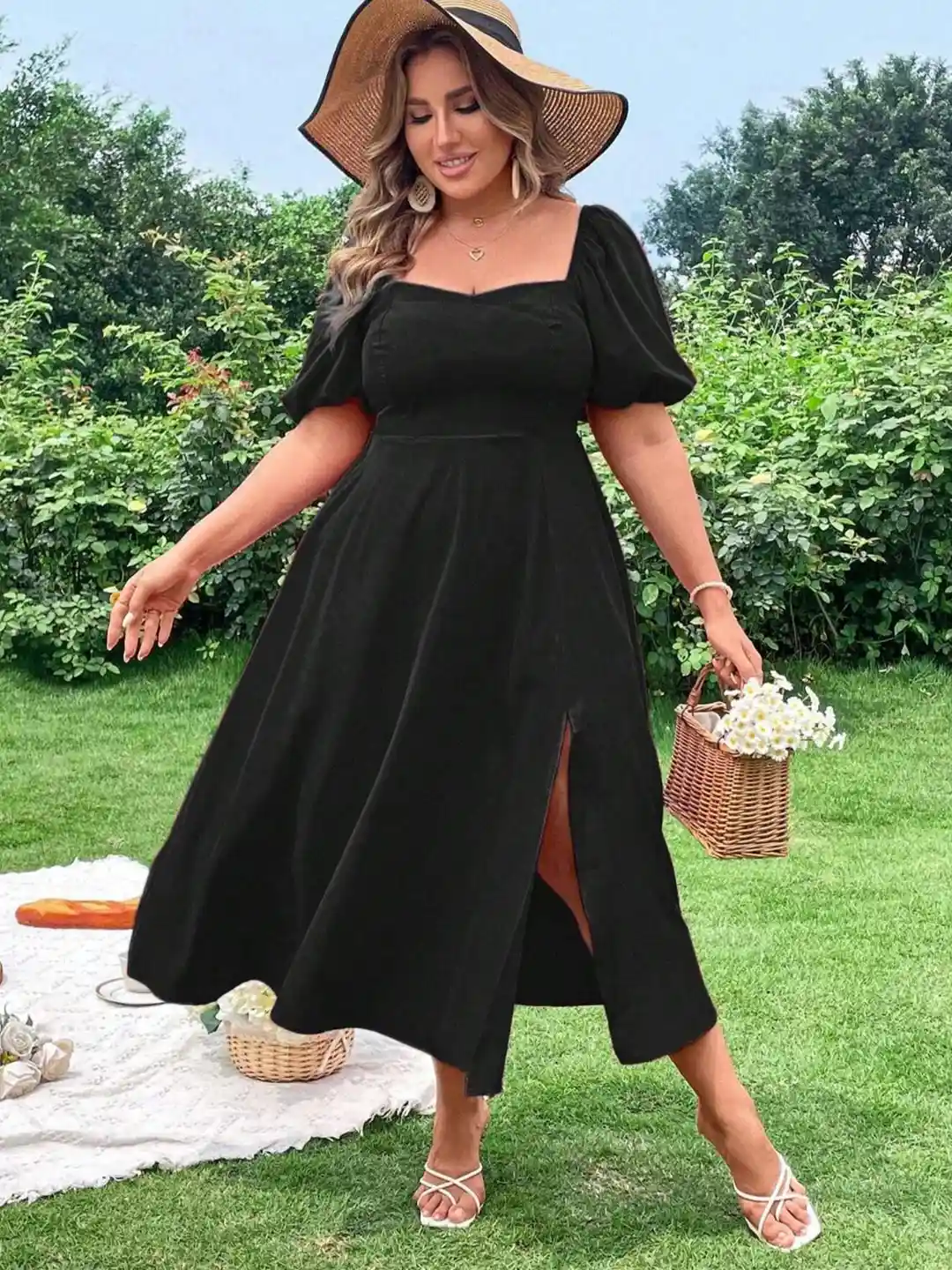 CURVE BY KOTTY Plus Size Puff Sleeve Fit Flare Midi Dress With Slits