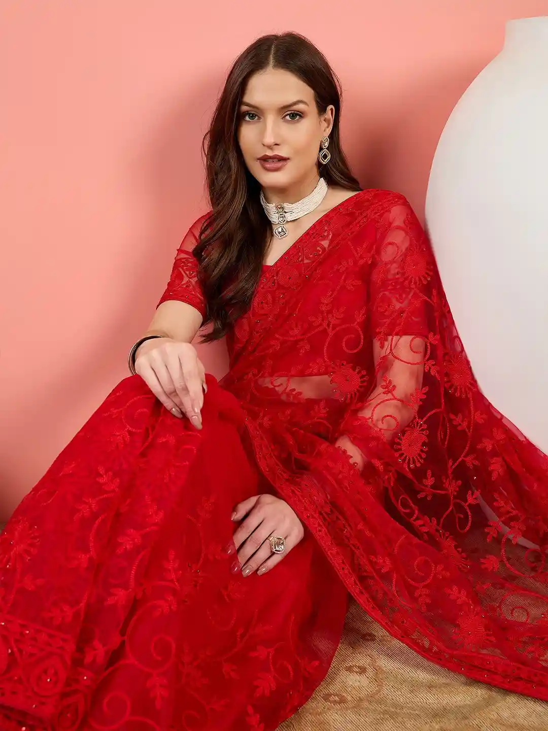 Sangria Embroidered Net Saree With Unstitched Blouse