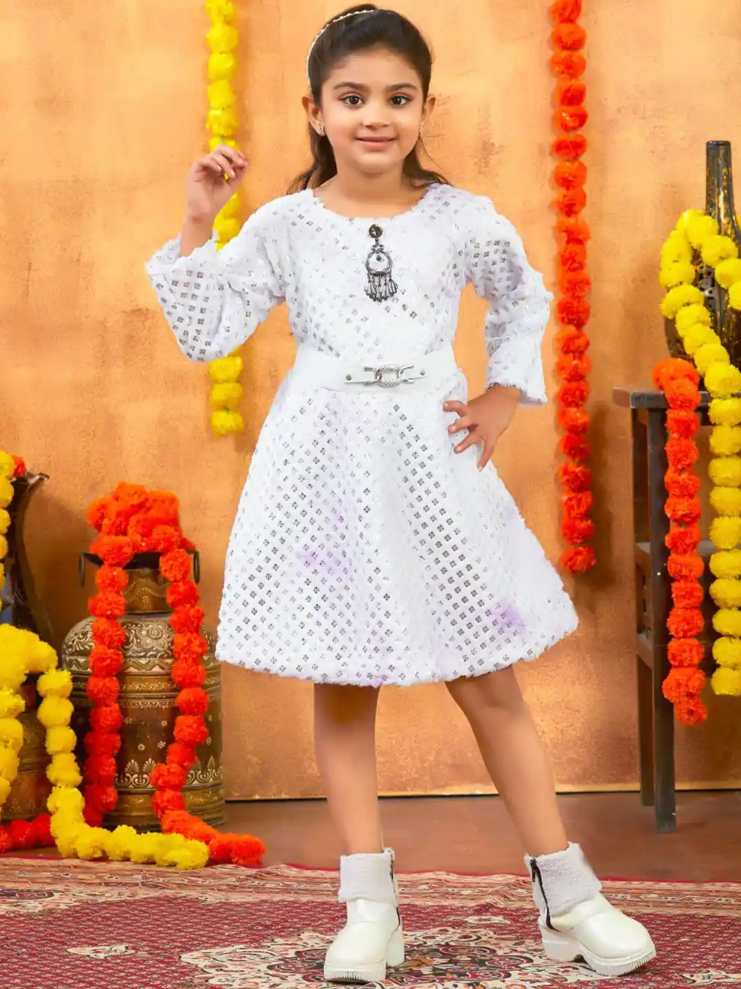 Buy Sangria Girls Foil Printed Winter Woolen Dress With Belt