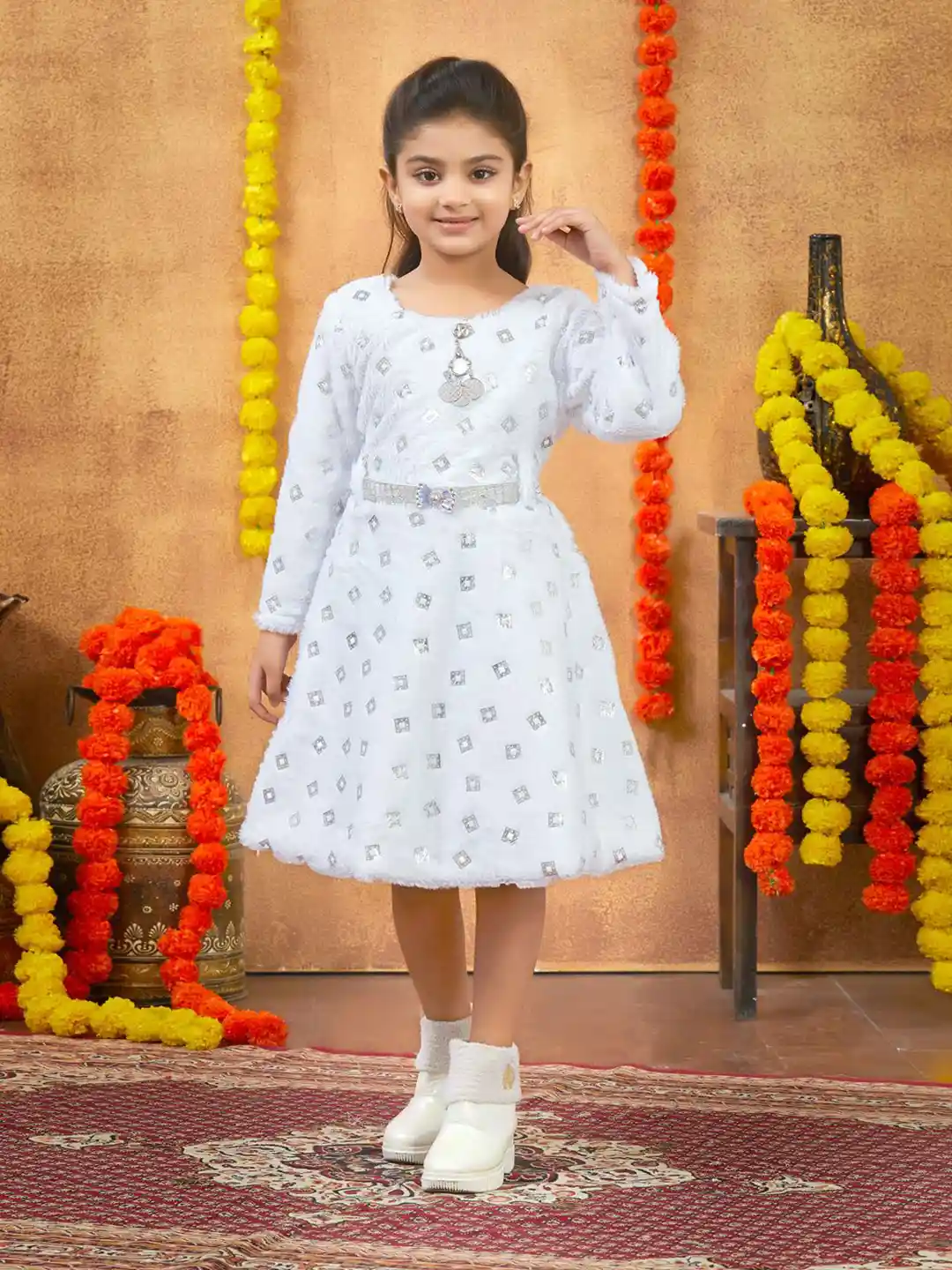 Buy Sangria Girls Foil Printed Winter Woolen Dress With Belt