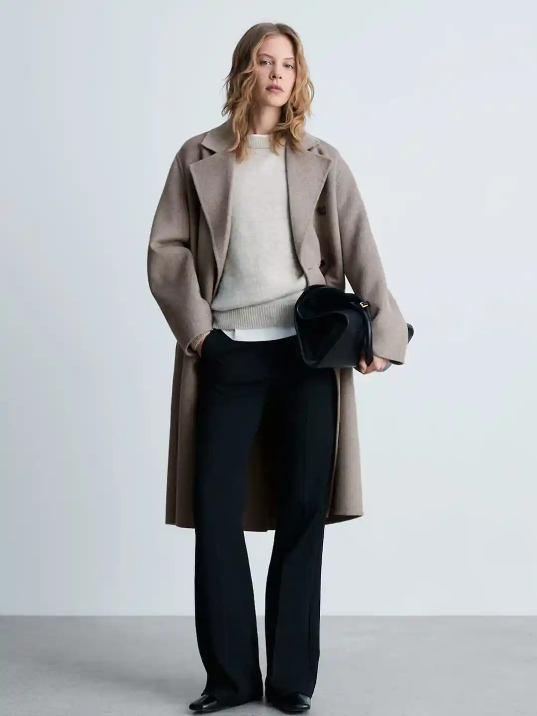 MANGO Notched Lapel Collar Oversized Double-Breasted Handmade Longline Overcoat