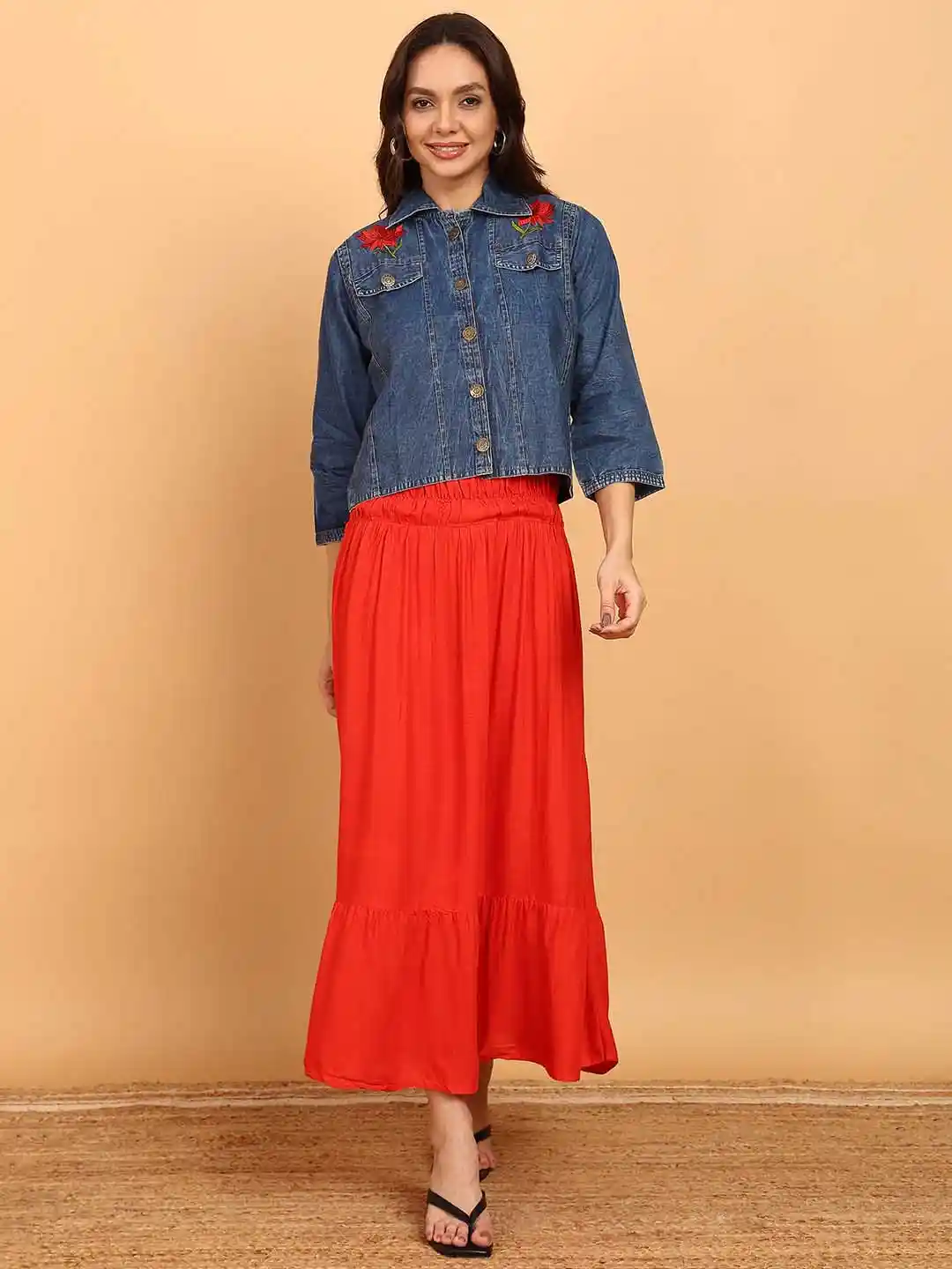 VAHSON Round Neck Sleeveless Fit And Flare Dress With Denim Jacket