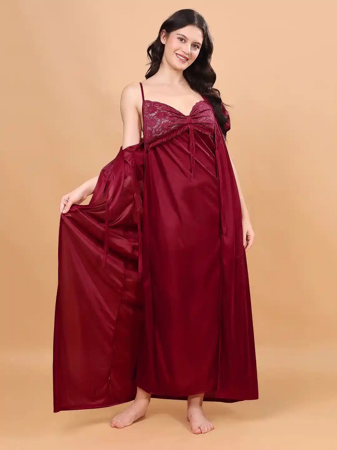 Buy NIGHT KEYS Women Piece Shoulder Straps Satin Maxi Nightdress