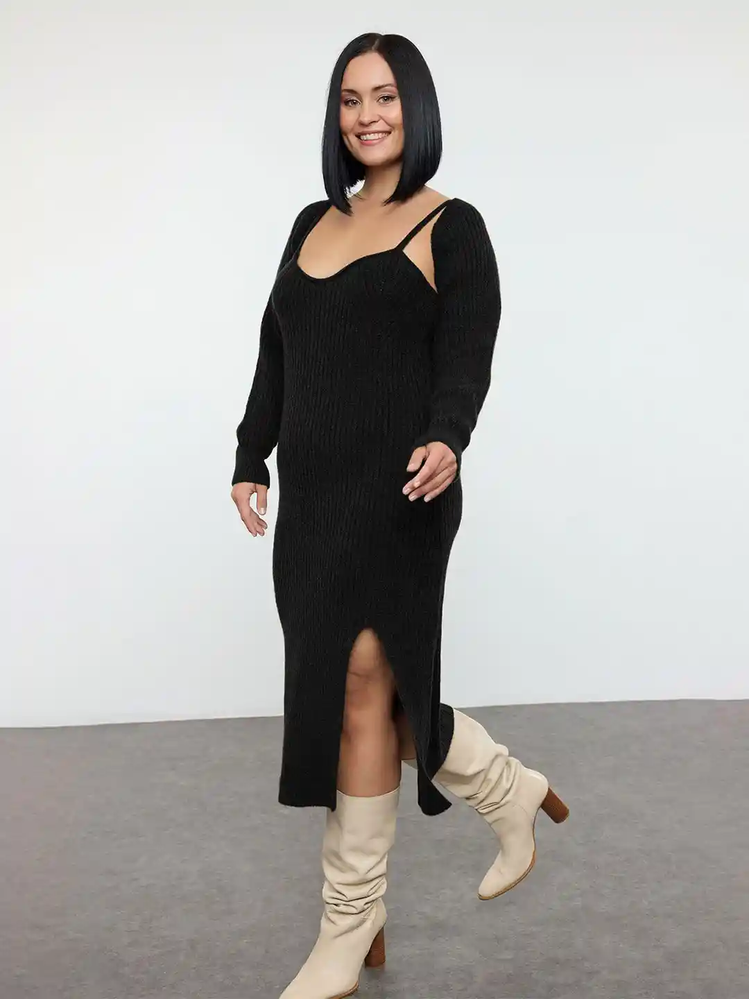 Buy Trendyol Women Plus Size Ribbed Side Slits Bodycon Dress