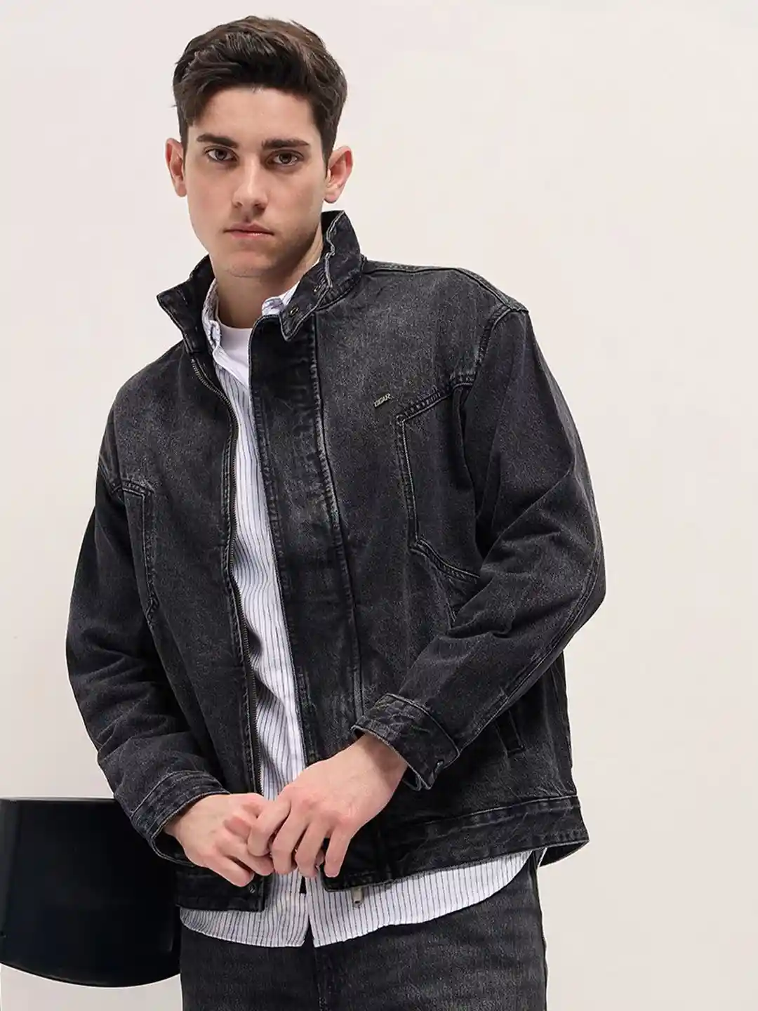 Buy THE BEAR HOUSE Men Stand Collar Solid Casual Denim Jacket