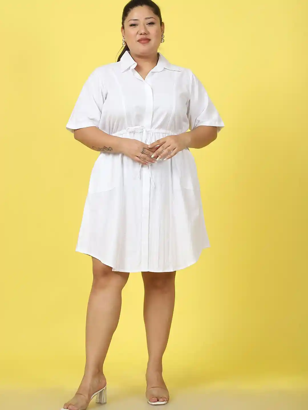 Buy theRebelinme Plus Size Shirt Collar Linen Fit and Flare Above