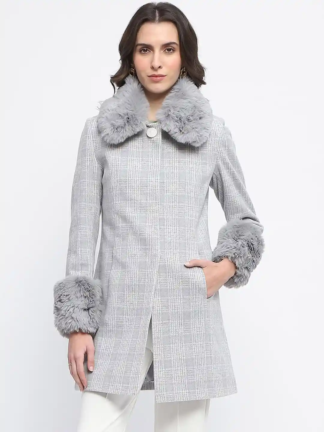 Womens Coats Grey Check Longline Coat Black Check Longline Belted