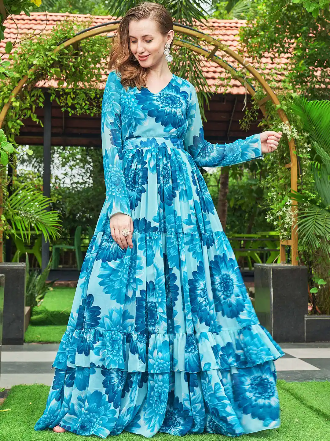 Buy Chandbaali Floral Printed V-Neck Long Sleeves Fit Flare Maxi