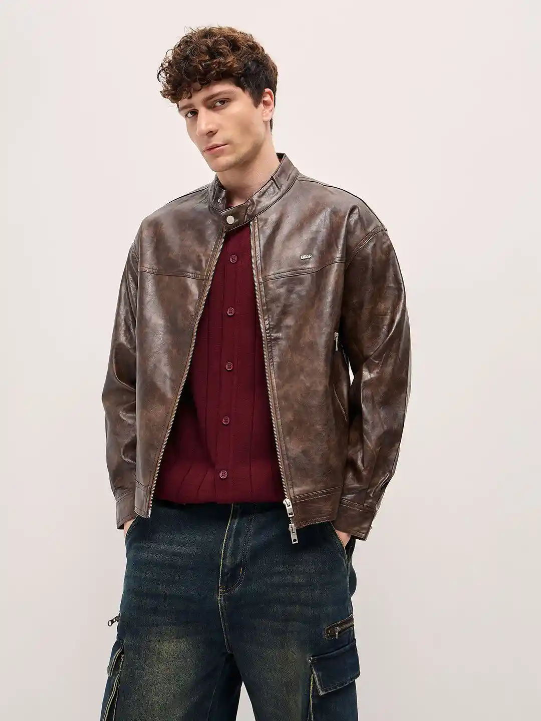 Buy THE BEAR HOUSE Men Mock Collar Solid Leather Casual