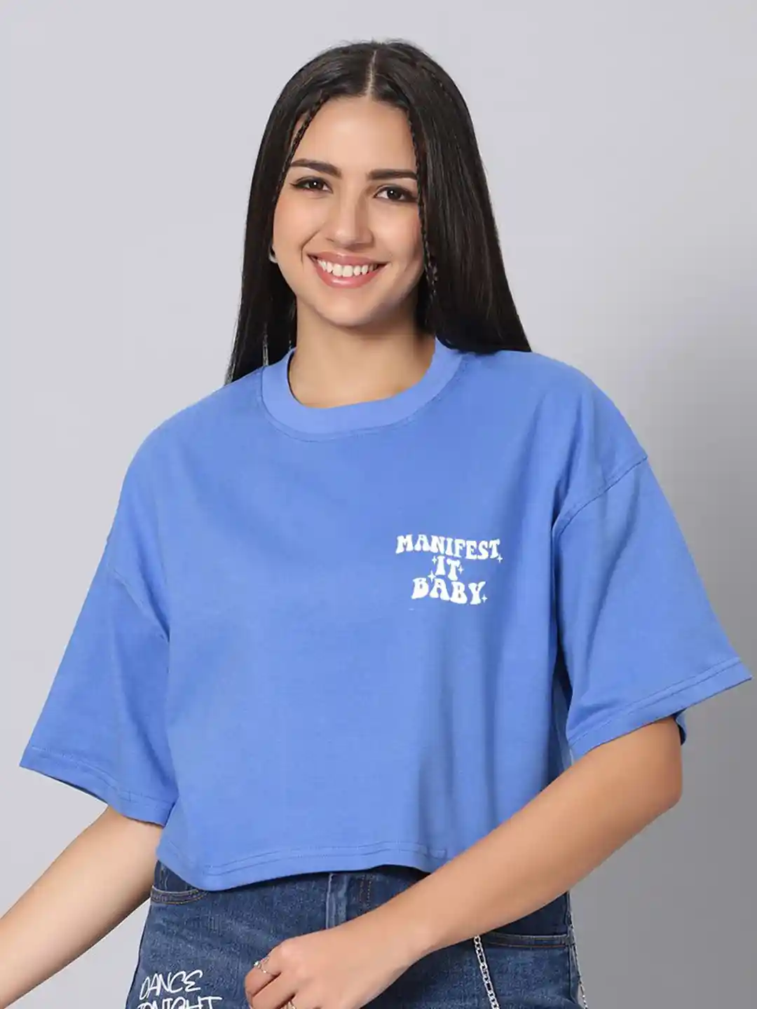 Besick Women Typography Printed Drop-Shoulder Sleeves Cotton Oversized Crop  T-shirt