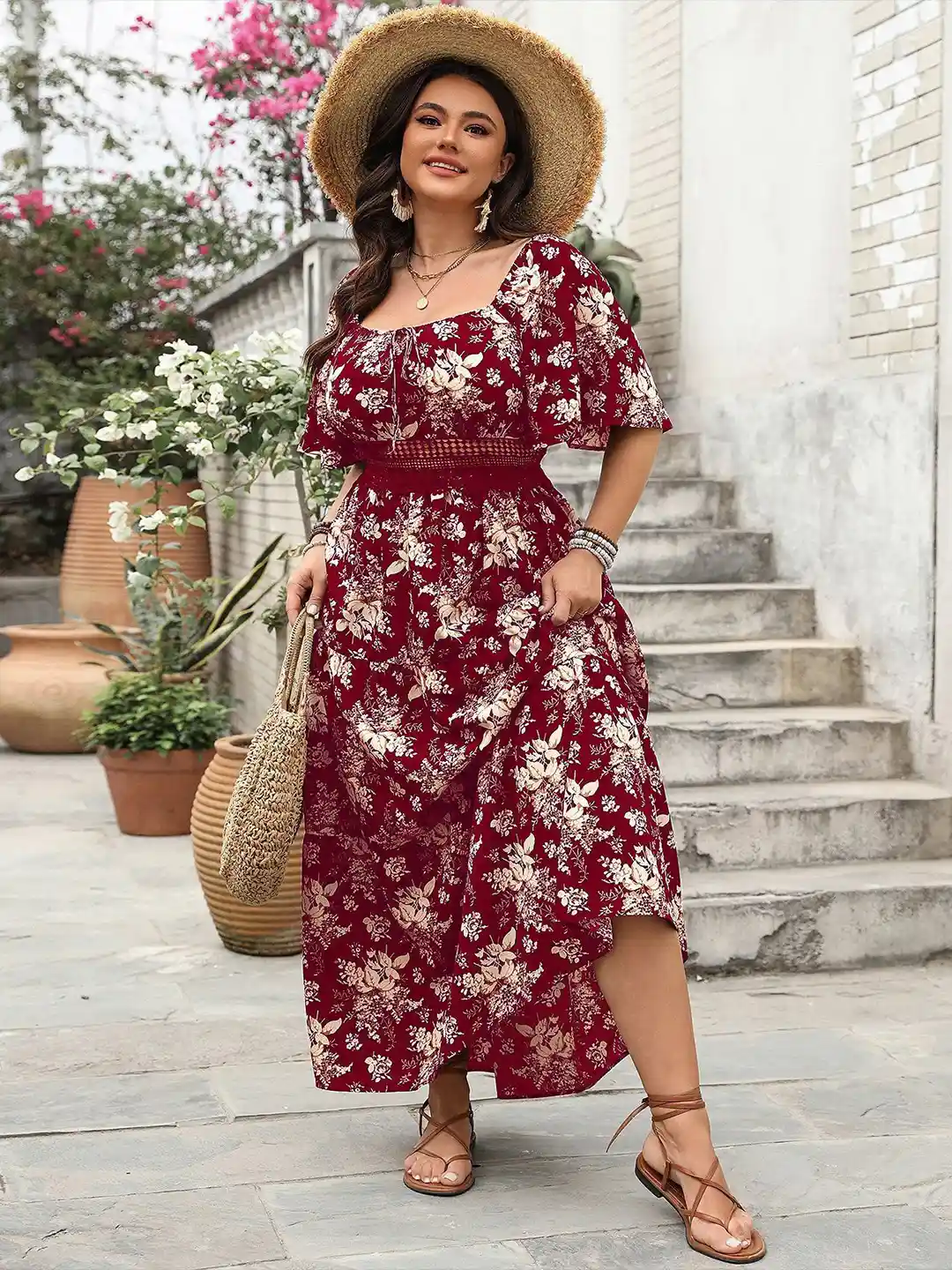 Buy Sztori Women Plus Size Floral Printed Flared Sleeve Smocked