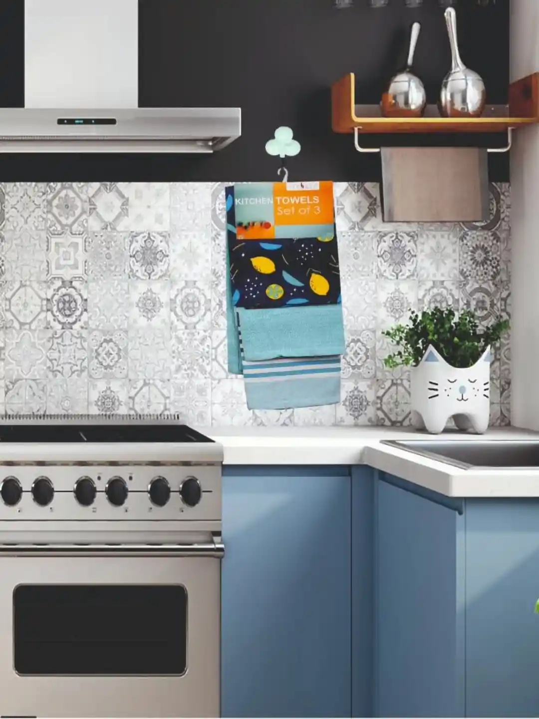 Buy LEOSOFT 3Pcs White Blue Printed Cotton Kitchen Towels