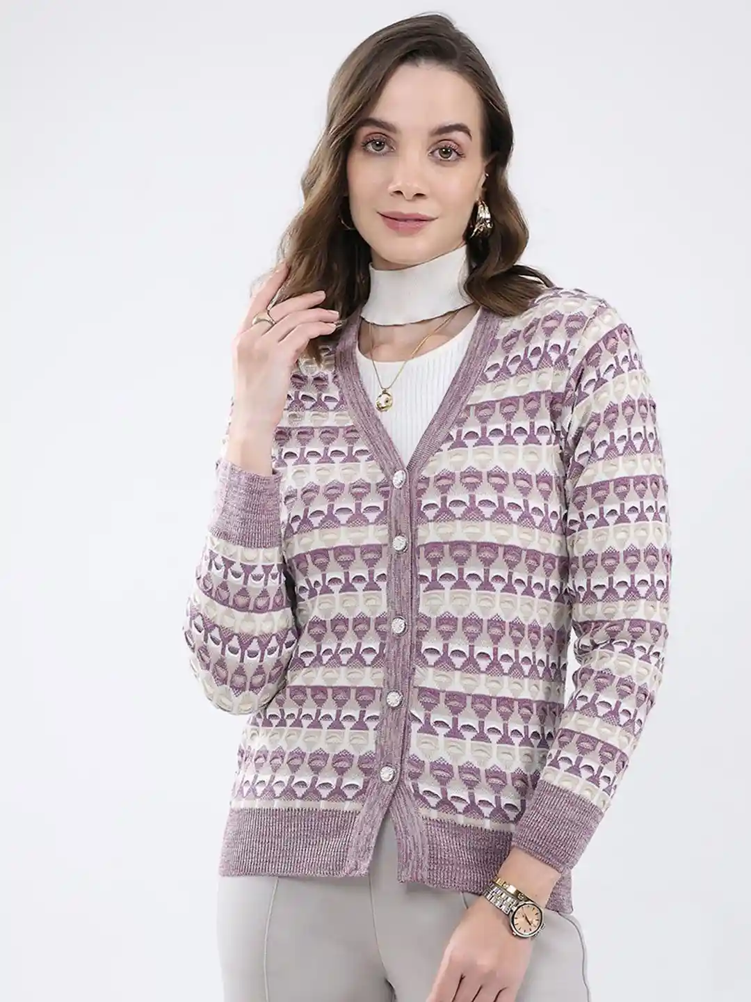 Buy Monte Carlo Women Geometric Self Design V-Neck Ribbed Cardigan