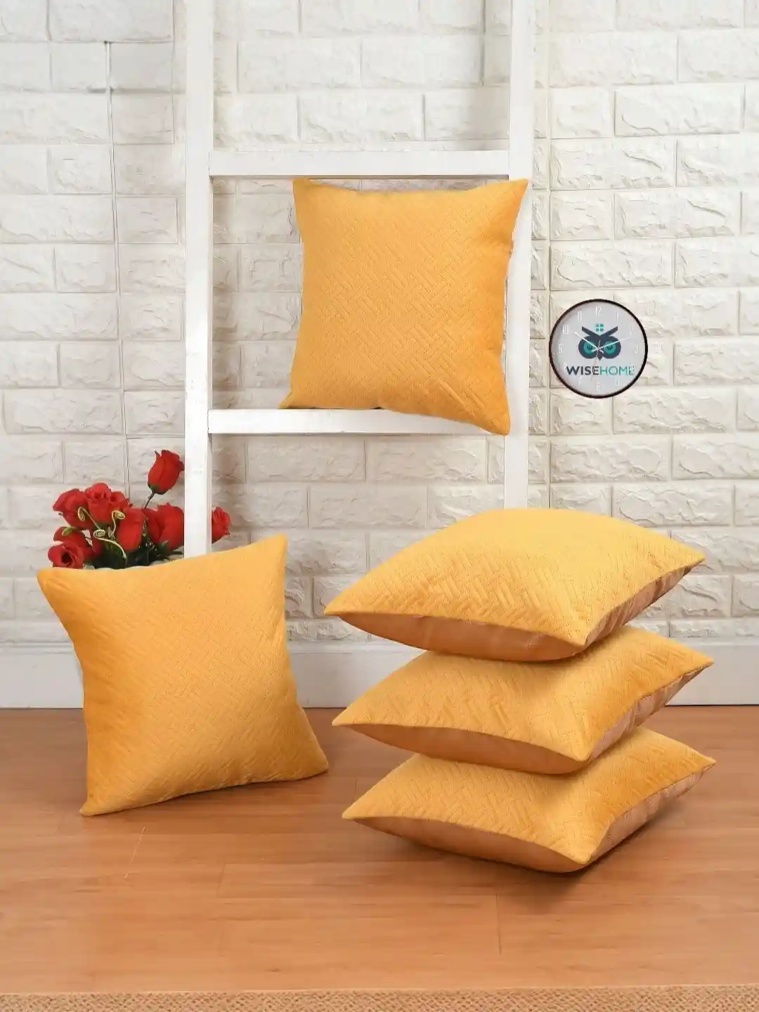 Buy WISE HOME Yellow Set of Velvet Square Cushion Covers