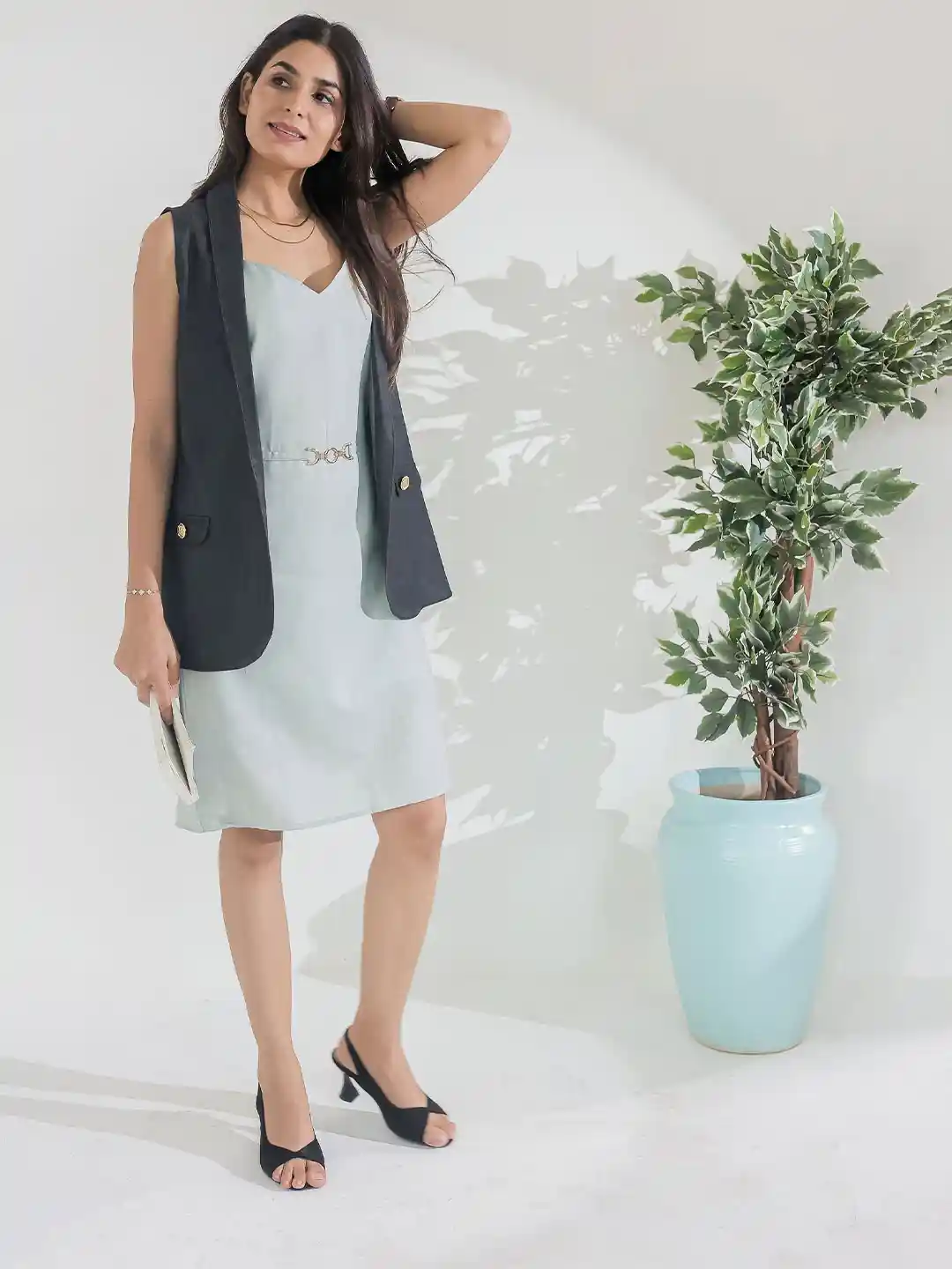 Buy esseneur Women V-Neck Sleeveless Blazer Dress with Denim