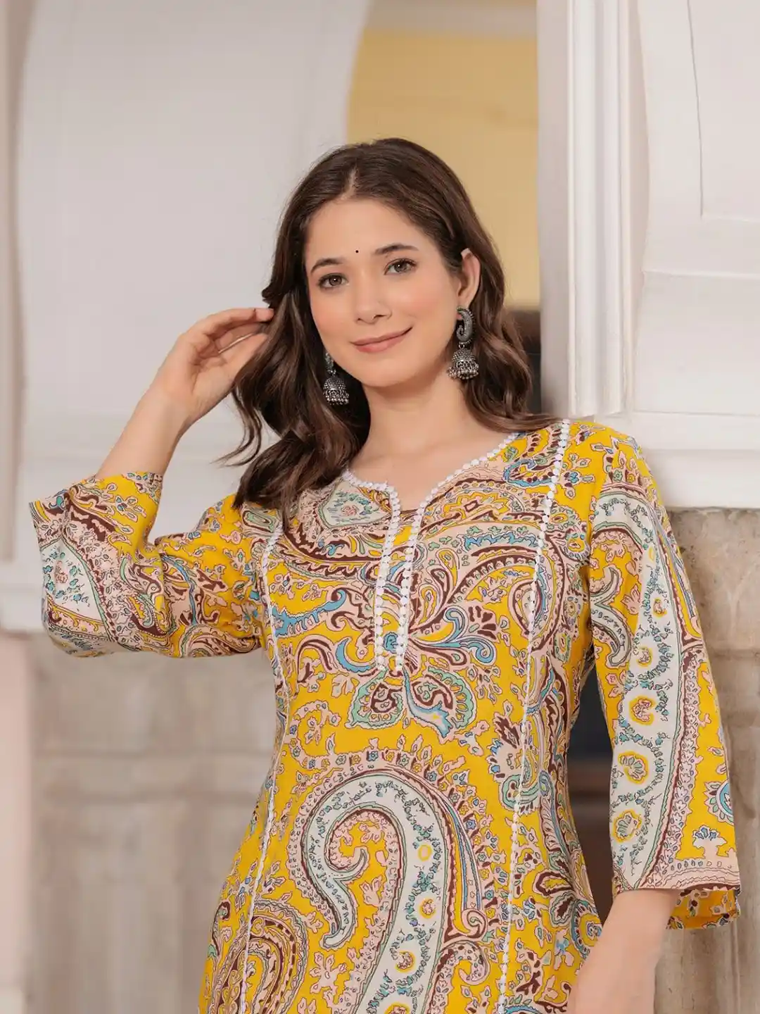 Buy KBZ Paisley Printed Notch Neck Thread Work Round Neck