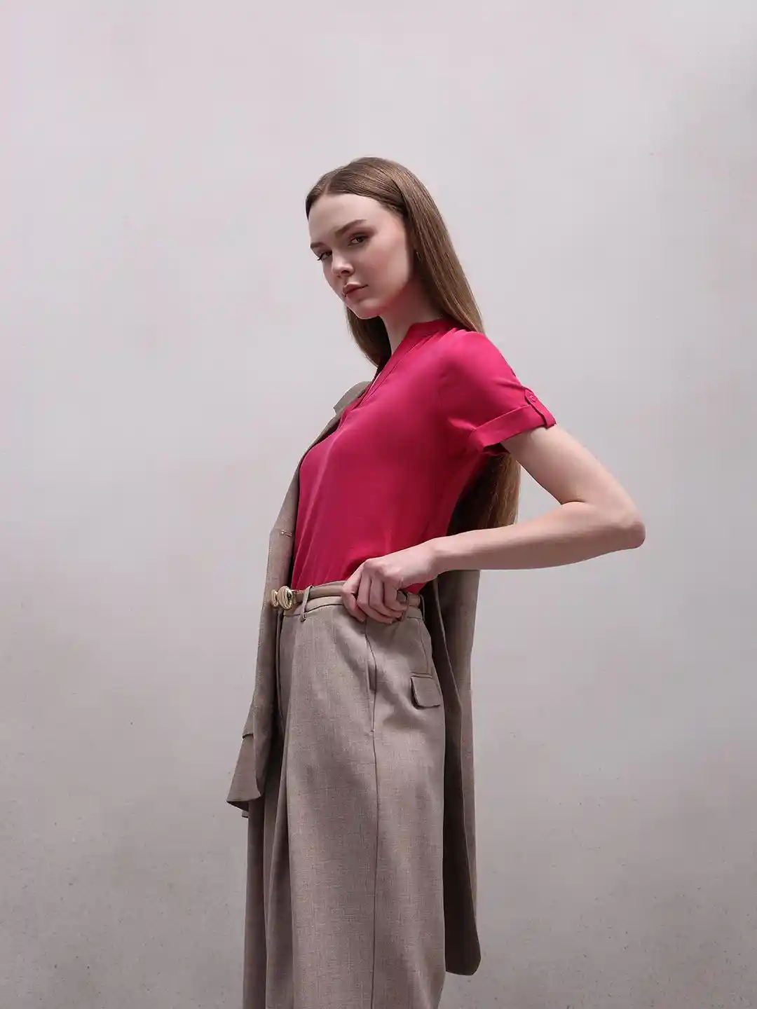 Buy Vero Moda Jolly SS Women Cherry Red Mandarin Collar Roll-Up