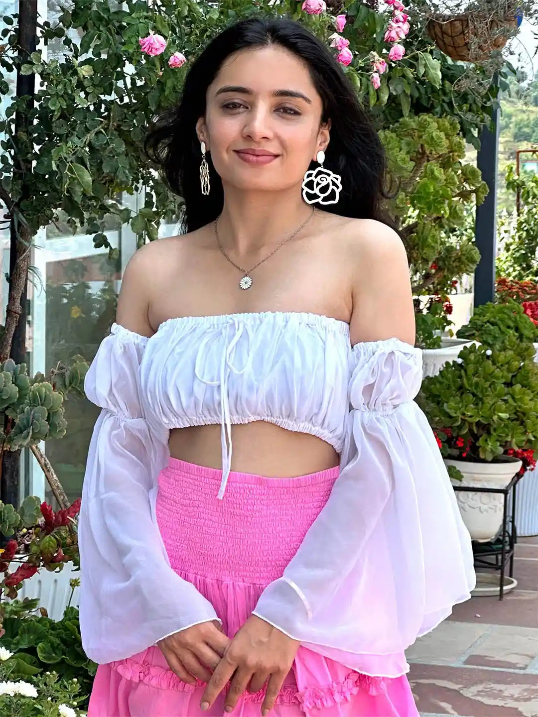 TANDUL Women Off-Shoulder Bell Sleeves Super Crop Bardot Top